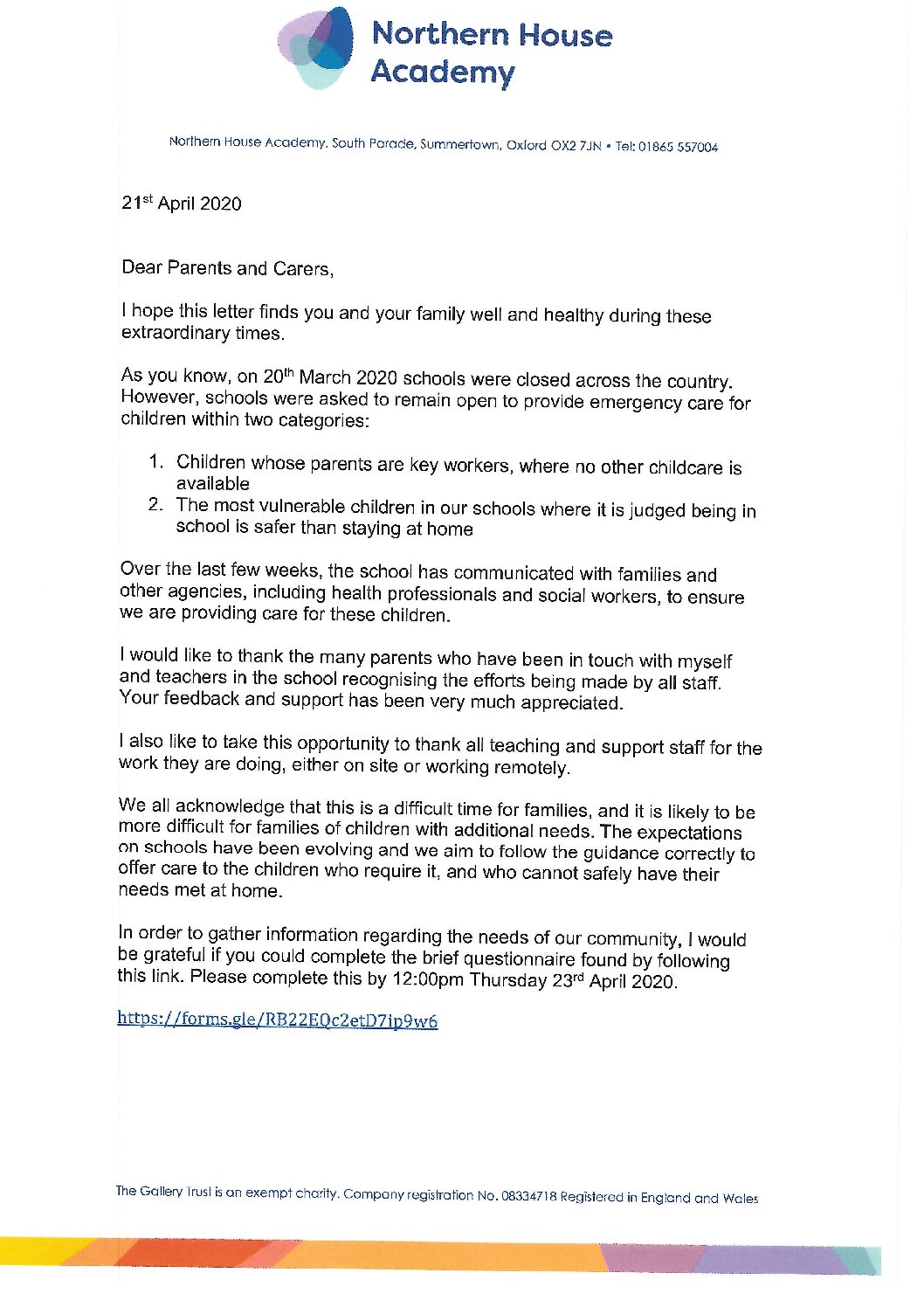 Letter to parents 21 April 2020 - Northern House