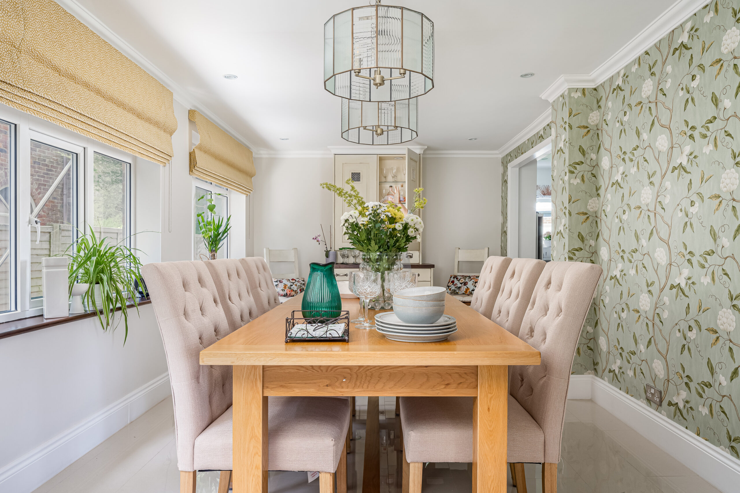 dining room scheme, natural light, country style home, natural materials, lighting, styling, home staging, feature wallpaper, colourful interiors, fresh home makeover